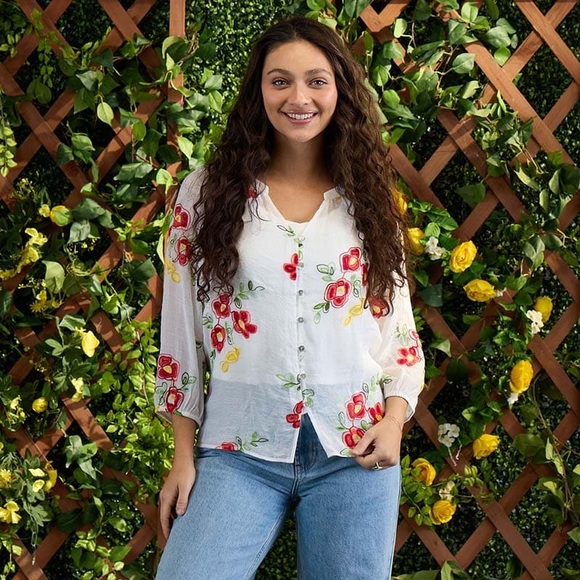 rose and everly Tops - Floral Embroidered White Blouse